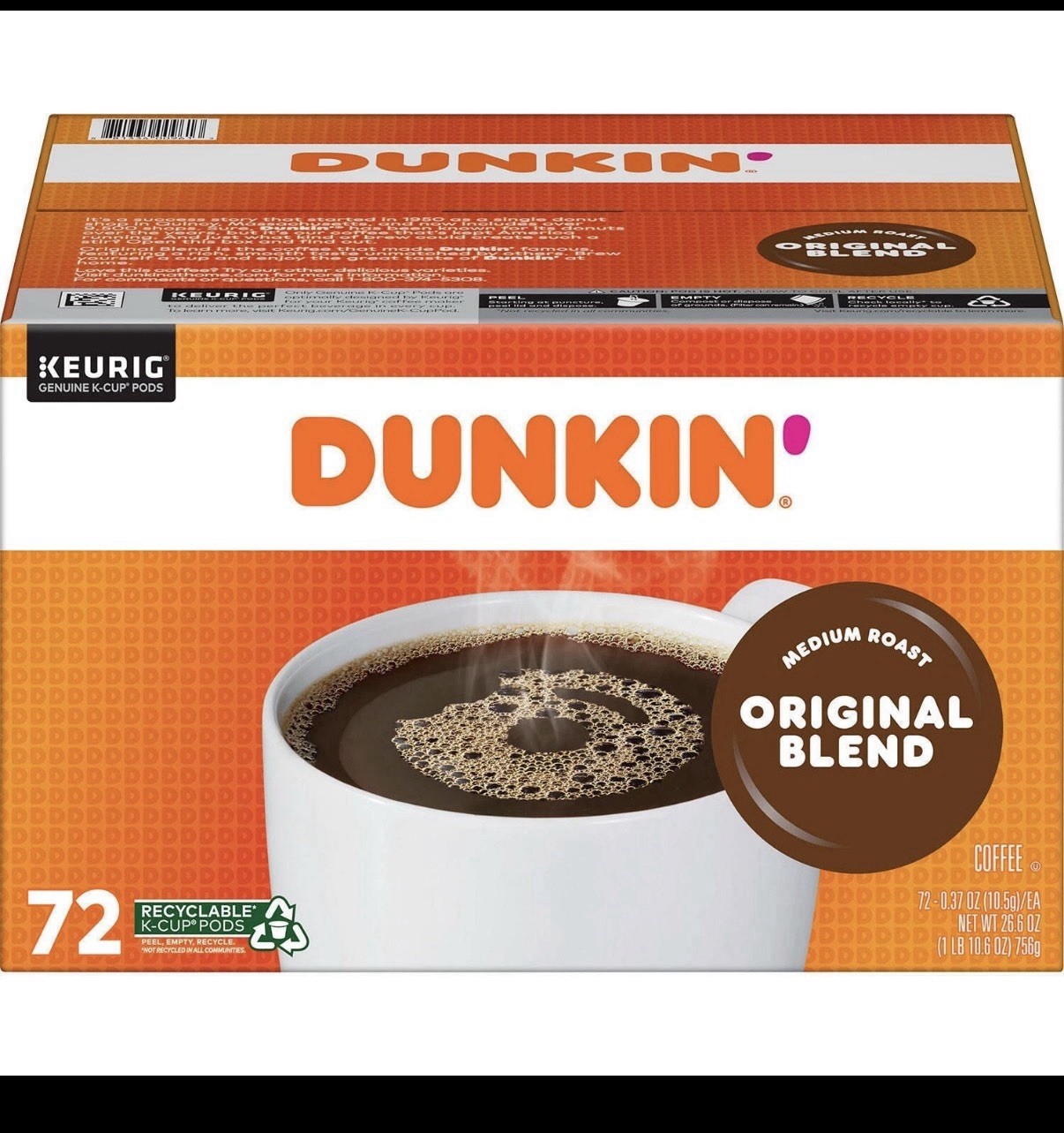 Dunkin' Donuts, Original Blend, Medium Roast, K-Cup Pods, 72ct