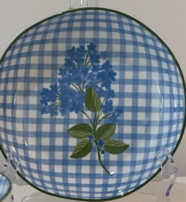Prima Designs Blue Gingham Hydrangea Pasta Bowl Set of 2 NWT