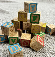 20 Assorted Wooden Alphabet/Number/Picture Blocks Vtg Used