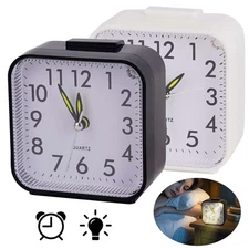 Small Battery Operated Analog Travel Alarm Clock Silent Lighted Snooze Bedroom