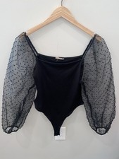 Altar'd State Ribbed Knit Black Clip Dot Sheer Puff Sleeve Bodysuit Women Size M