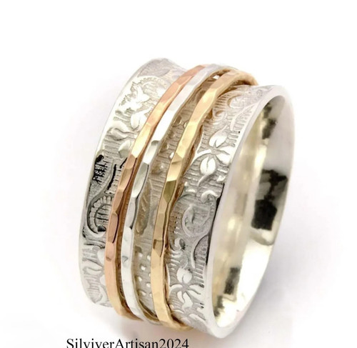 Solid Sterling Silver Spinner Ring, Three Tone Ring, Boho Fidget Jewelry, MK 218