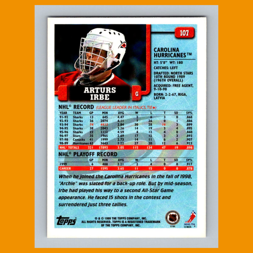 Arturs Irbe #107 1999 Topps Carolina Hurricanes Hockey Card NHL NM - Picture 2 of 3