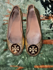 Tory Burch Ballet Flats Gold Leather with Gold Logo Size 8M
