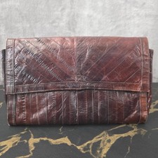 Genuine Eel Skin Clutch Bag Rich Mahogany Brown Exotic Leather Korea Vintage 80s