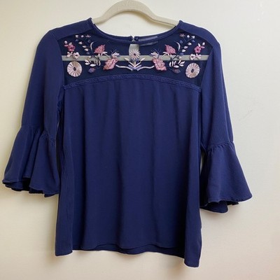 Yessica Embroidered Mesh Yoke Bell Sleeve Blouse Women EUR 38 M Navy Blue Boho