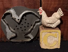 Antique Primitive Tin Chicken Cookie Cutter, Chalkware Chicken, & Toy Block AAFA