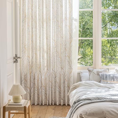 Leinen halbtransparente Vorhänge für Schlafzimmer, 50" B x 96" L (2er Pack) Zweig | Gelb - Bild 5 von 6