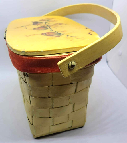 Basket Purse Yellow w/ Birds Velvet Orange Bows Decoupage Lined - READ - VINTAGE - Picture 10 of 23