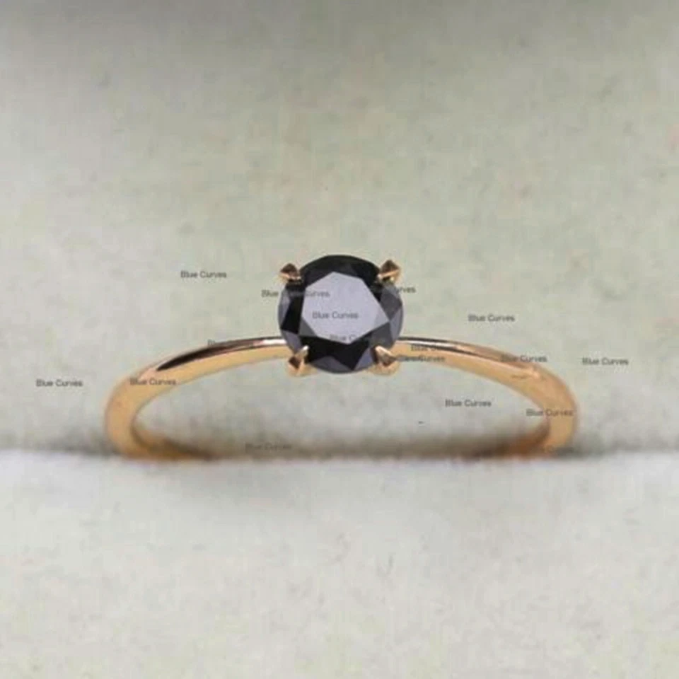 Anillo solitario genuino banda diamante negro sólido oro rosa de 14 k joyería hecha a mano Foto 3 de 3