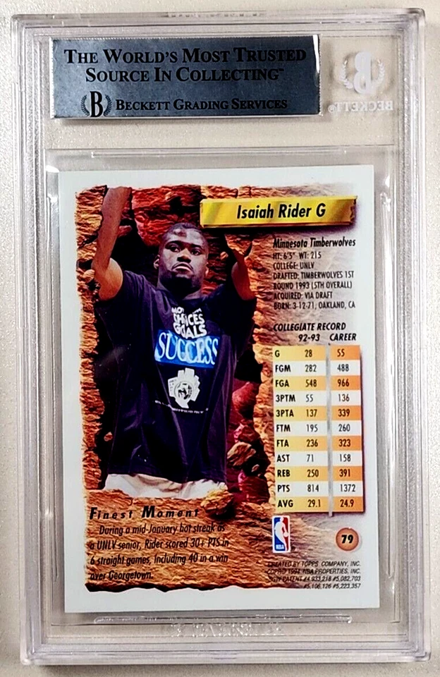 1993-94 Topps Finest Refractor Auto 79 Isaiah Rider RC Rookie BGS Autógrafo Foto 2 de 2