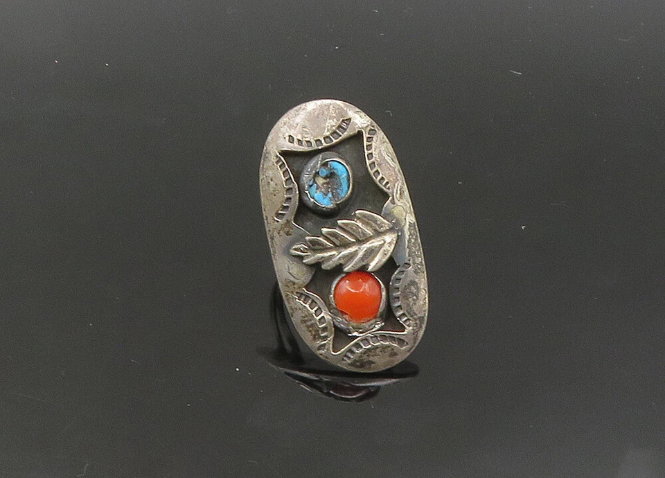 Anillo NAVAJO Plata 925 Vintage Turquesa y Coral Pluma Talla 6 RG21738 Foto 3 de 4
