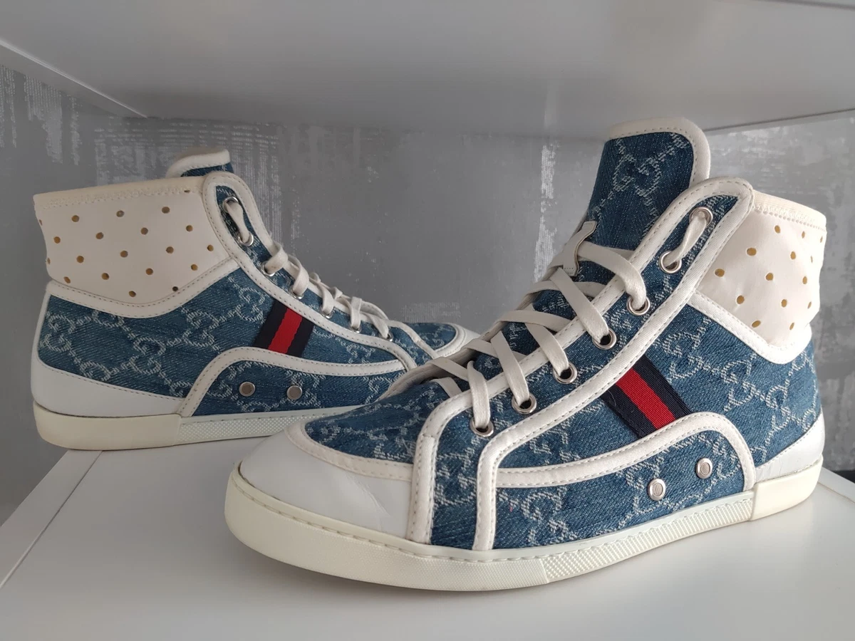 Gucci GG Denim Blue Jean Monogram High Top Sneakers Shoes Trainers White  257555