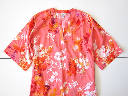 Natori Cotton Pink Yellow Floral Pocket 3/4 Sleeve Tunic Kimono Shirt Dress M - Picture 8 of 10