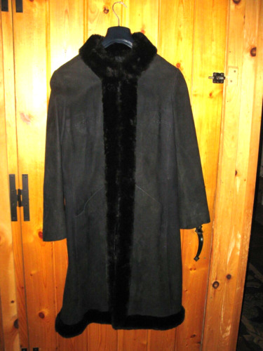 Elma black suede coat with fur trim made in Englan