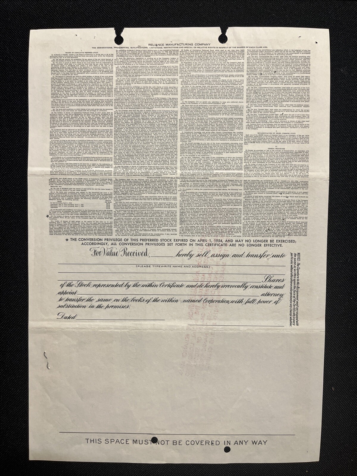 1960 Reliance Mfg. Co. Stock Certificate #NC07364, (Chicago, IL)