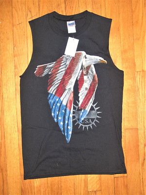 NWT Men's Gildan 100% Ultra Cotton Patriotic Eagle Black Muscle Shirt Size Small
