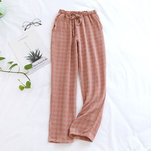 Large Size Home Pants - Japanese Spring Couples Cotton Crepe Cloth Plaid Trouser - Picture 11 of 19