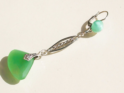 Boucles D'oreilles Pendantes Art Déco En Argent Poinçonné Et Pierre Verte - Occasion Très Bon état