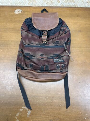 VTG 90's JANSPORT AZTEC SOUTHWEST BACKPACK TAN LEATHER MADE IN USA BOOK BAG - Picture 1 of 5
