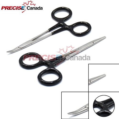  Mosquito Hemostats Forceps (Straight + Curved) Black Dip Handle 5" Surgical - Afbeelding 1 van 3