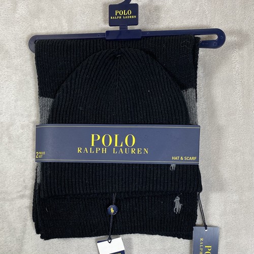 Polo Ralph Lauren Wool Blend Classic Pony Rib Knit Beanie Hat & Scarf Set NEW