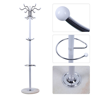 White Marble Base Coat Rack 16 Hooks - Metal Tree Stand for Coats & Bags