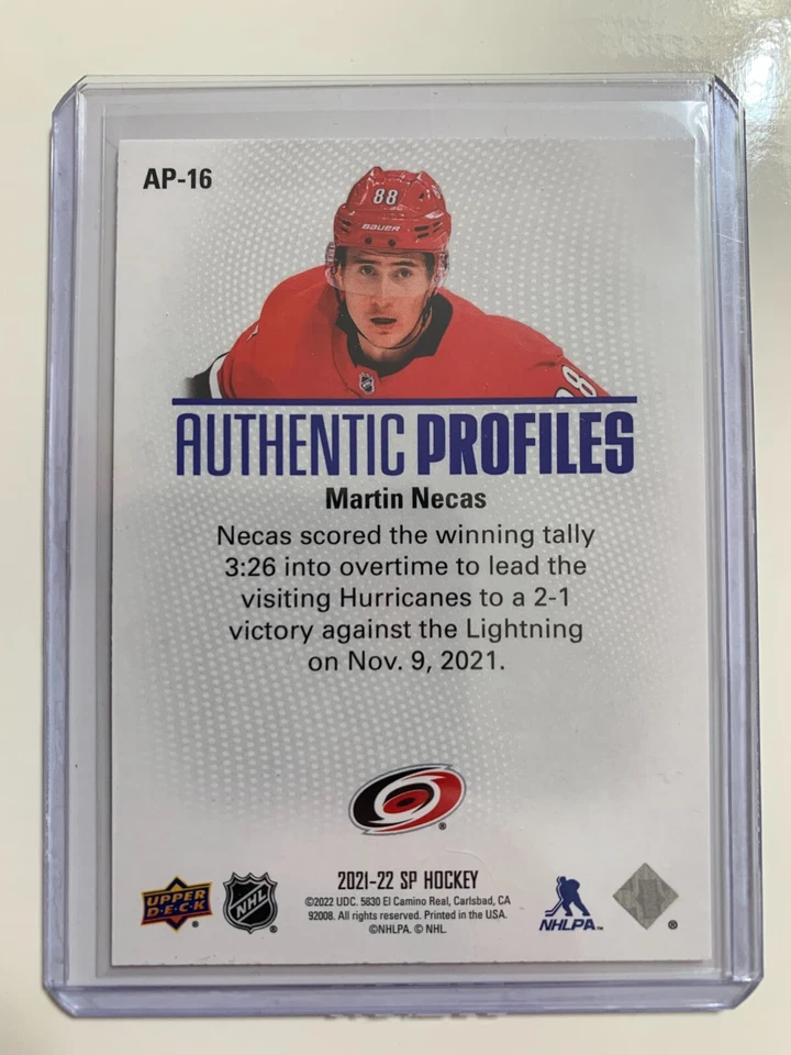 2021-22 SP Hockey Authentic Profiles Blue Martin Necas AP-16 Carolina Hurricanes - Image 2 of 2