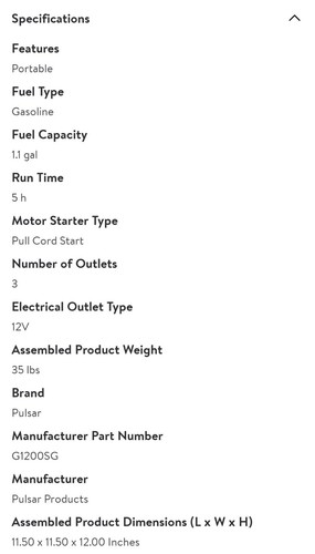 Pulsar PG1202SA Portable Gas Generator 1200w grey and black dual plugs - Picture 1 of 10