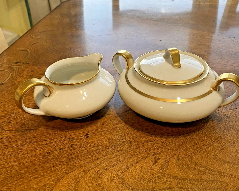 Juego de azucarero y crema Theodore Haviland Limoges de colección porcelana blanca dorada Foto 2 de 4