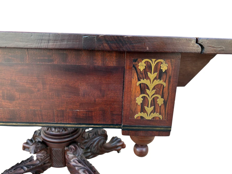 Antique American Drop Leaf table Federal Empire Mahogany Brass Acanthus Paw Feet - Image 2 of 4