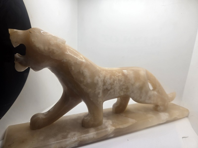 Carved Polished Stone Tiger  Sculpture on Base Beige Approx 12 in x 4 in