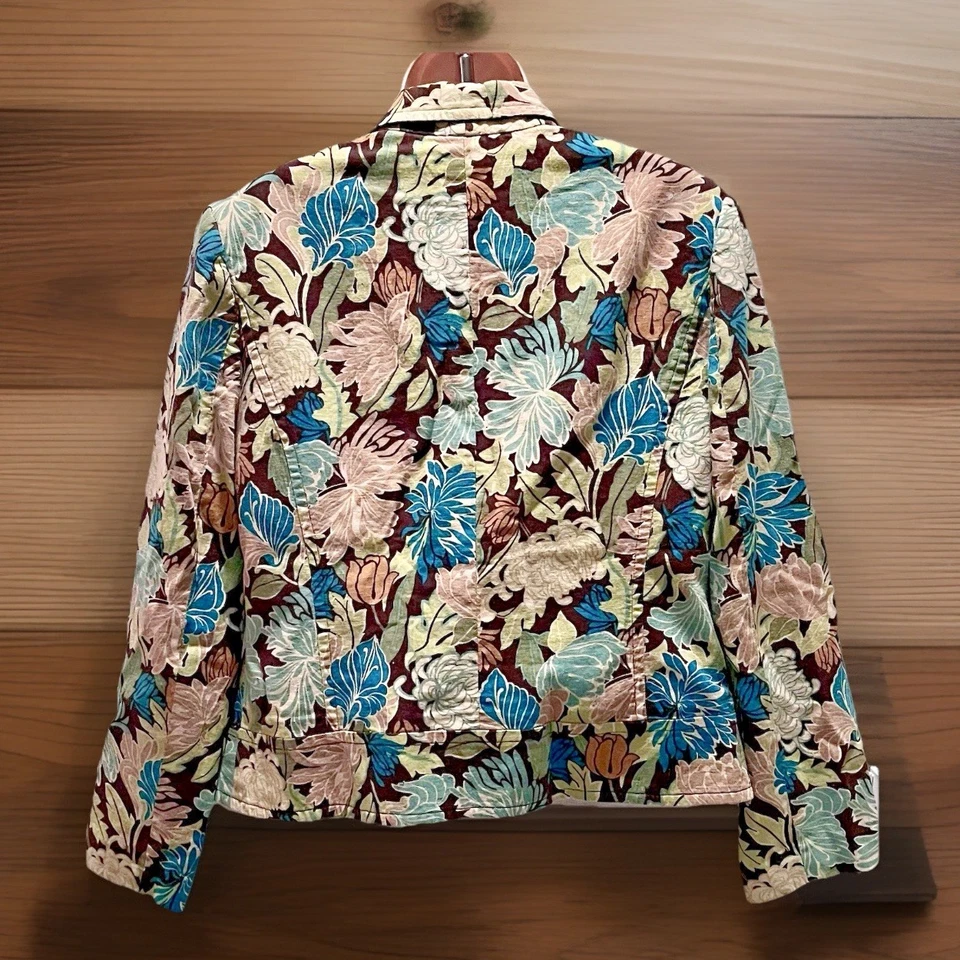 Blazer RQT Lino Tropical Floral Para Mujer 12 Azul Tostado Verde Resort Playa Crucero Foto 4 de 4