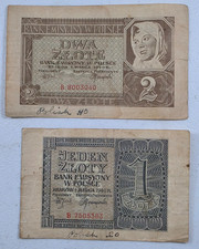 2pcs 1940 Poland 1, 2 Zlote Zloty Notes #16B