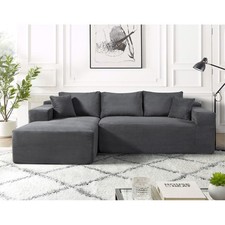 L-Shaped Corduroy Sofa w/ Pillows, Modular 3-Seater Sectional, Dark Grey