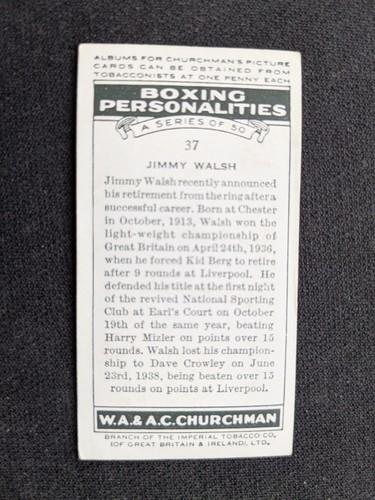 1938 Churchman Boxing Personalities Card # 37 Jimmy Walsh (EX) - Picture 2 of 3
