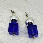 Pierced Earrings Large Round Silver Tone Bead Top Blue Lucite Cube Dangler Stud