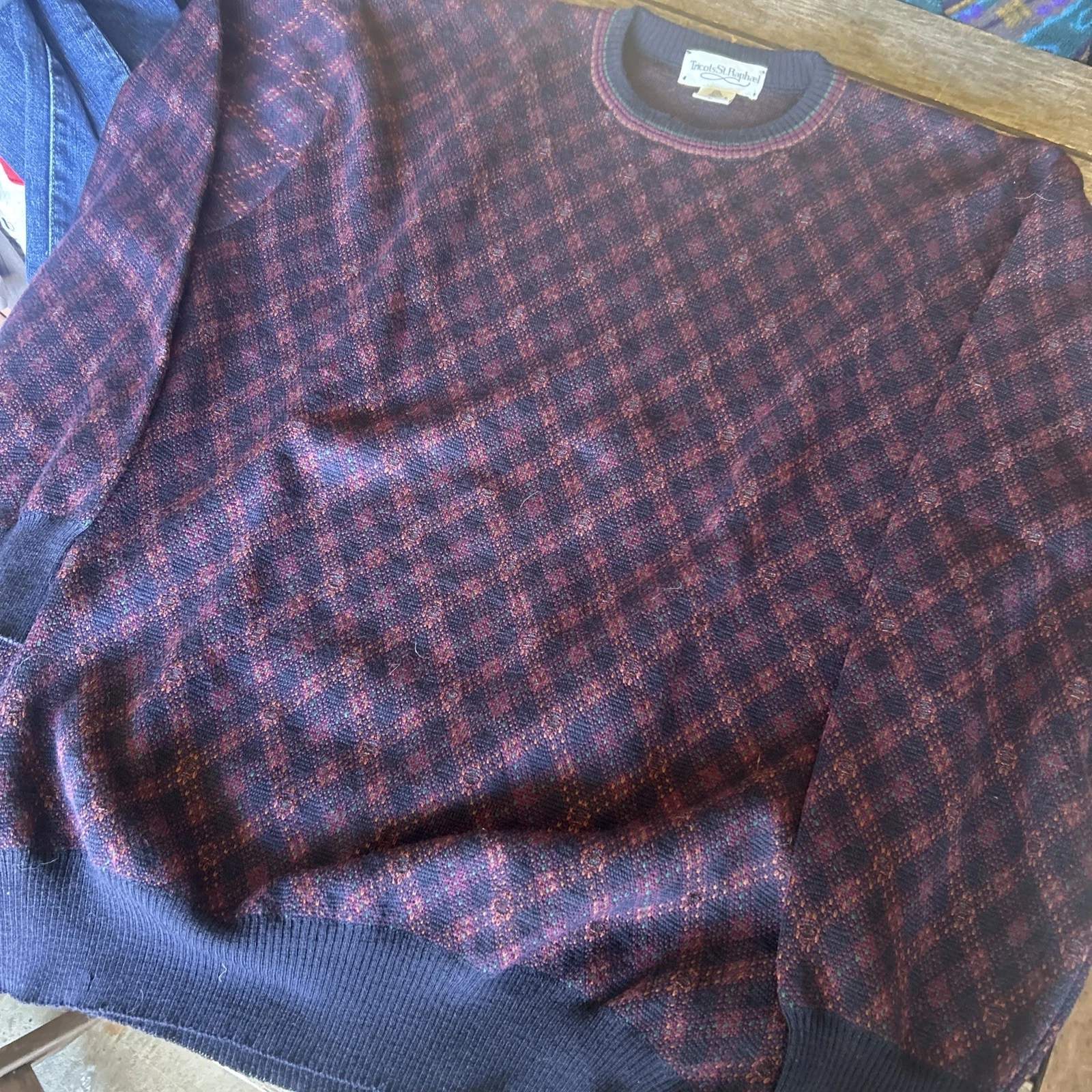Tricots St Raphael Sweater Wool Faire Isle Large Argyle Geometric Purple Blue