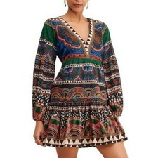 FARM Rio Safari Tiger Printed Long Balloon Sleeve Flowy Mini Dress Size Small