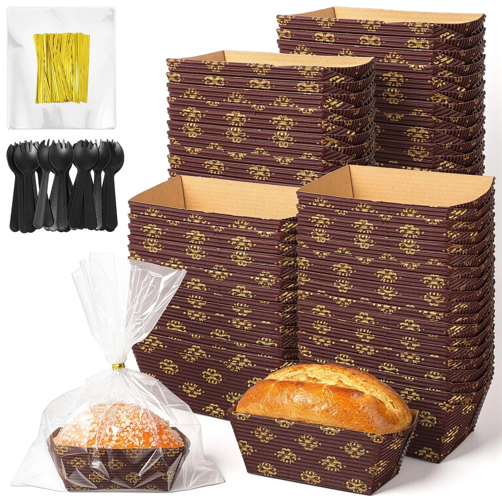 100Pcs Mini Disposable Paper Loaf Pan with Clear Plastic Bread Bags, Disposab...
