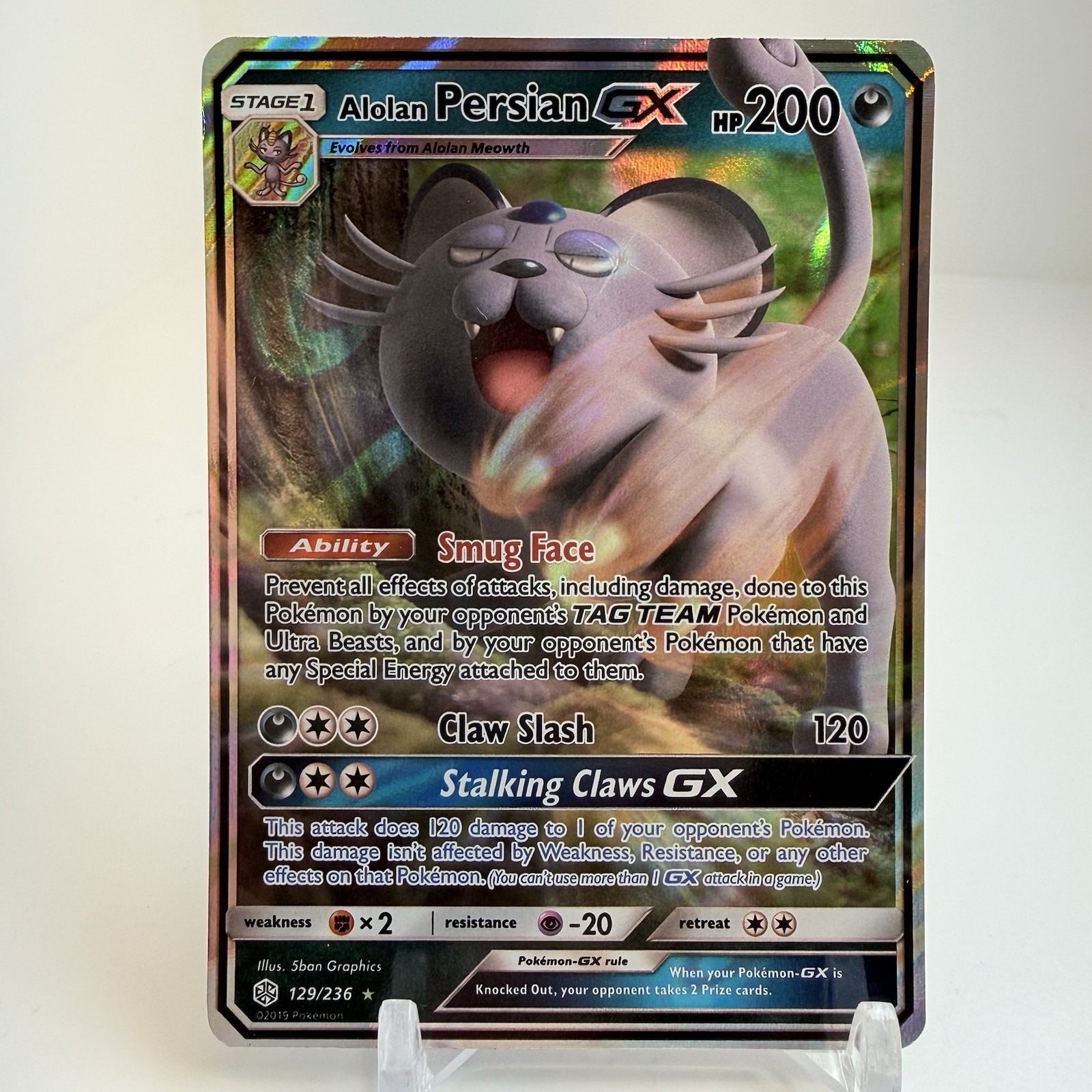 Alolan Persian GX 129/236 Cosmic Eclipse NM Ultra Rare Art Pokemon TCG Card