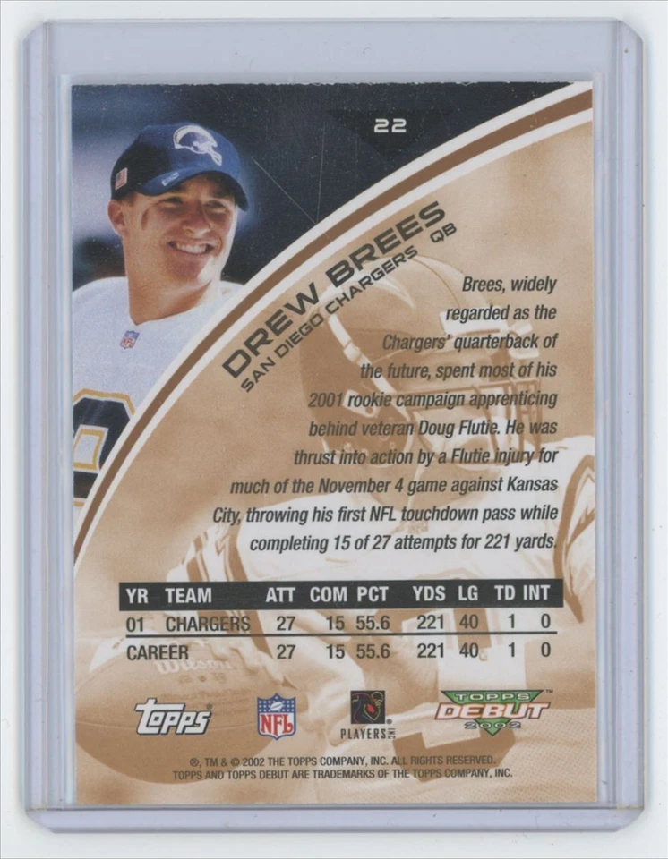 2002 Topps Debut Drew Brees . San Diego Chargers #22 - Image 2 of 2