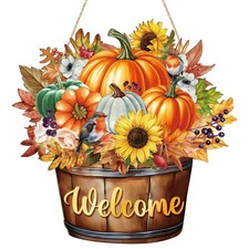 Fall Decoration Welcome Wreaths for Front Door, Wooden Large, Barrel