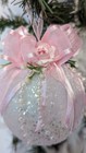 Shabby Victorian Cottage Chic Pink Rose Bow White Glitter Christmas Ornament