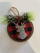 NWT Transpac Circle Ornament Red Black Buffalo Check Reindeer Hanging Christmas