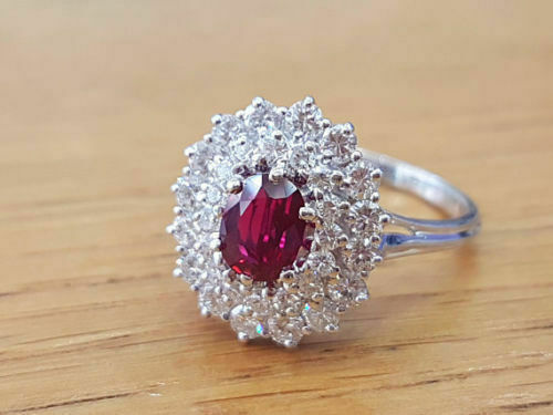 935 Silver Lab-Created 3.10 CT Red Ruby Oval Cluster Wedding Cocktail Ring - Picture 3 of 5