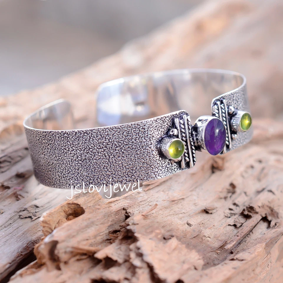 Amethyst & Peridot Gemstone 925 Sterling Silver Bangle Cuff For Festival Gift - Image 3 of 4