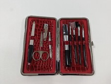 Stainless Steel 9 Pc. Manicure Nail Set Travel Kit Red Alligator Leather Case