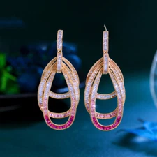 Top Gold Plated CZ Geometric Drop Dangle Earring Multiple Round Pink Red Jewelry