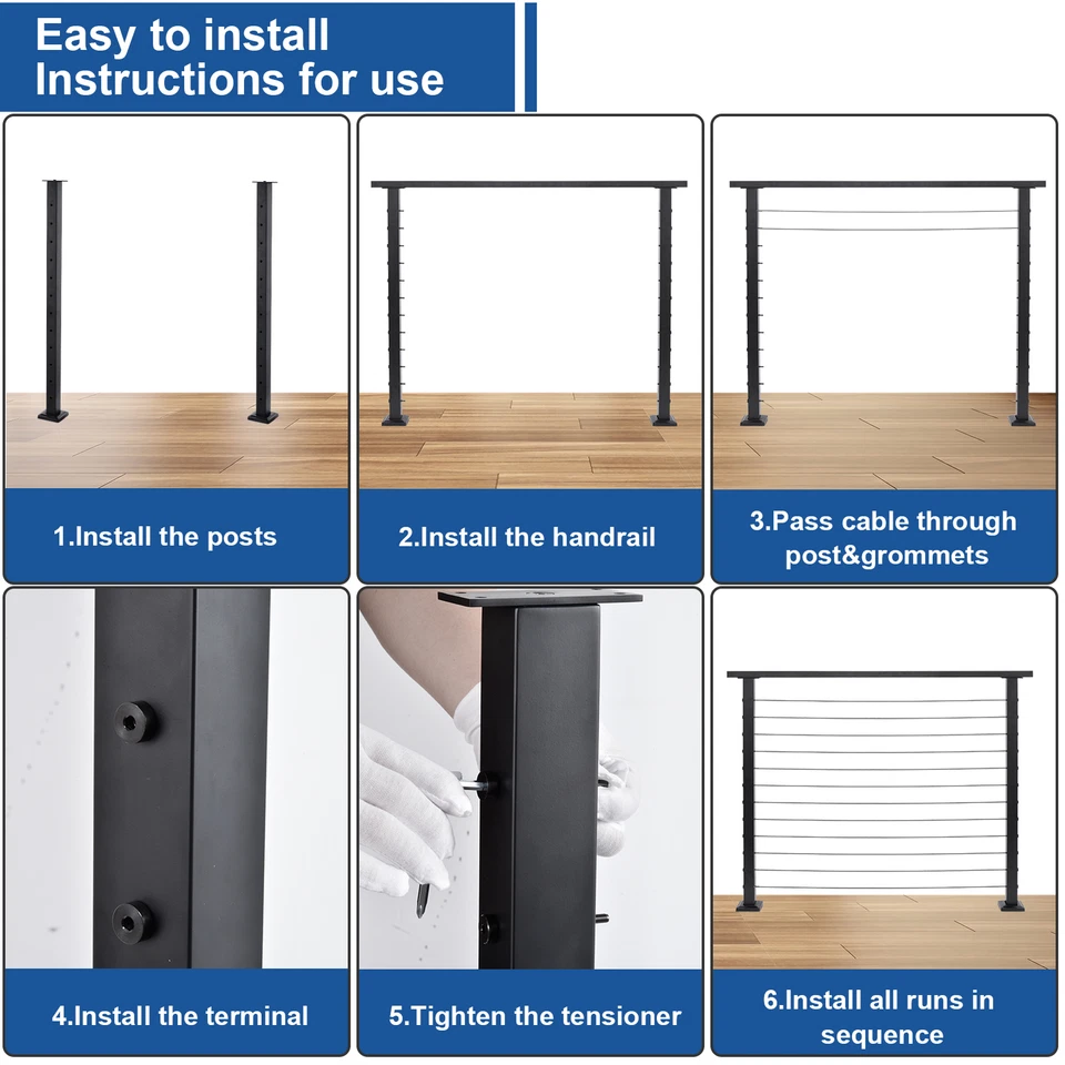 Kit de corrimão de cabo de aço inoxidável 42", corrimão preto ajustável para deck/escadas - Imagem 2 de 4